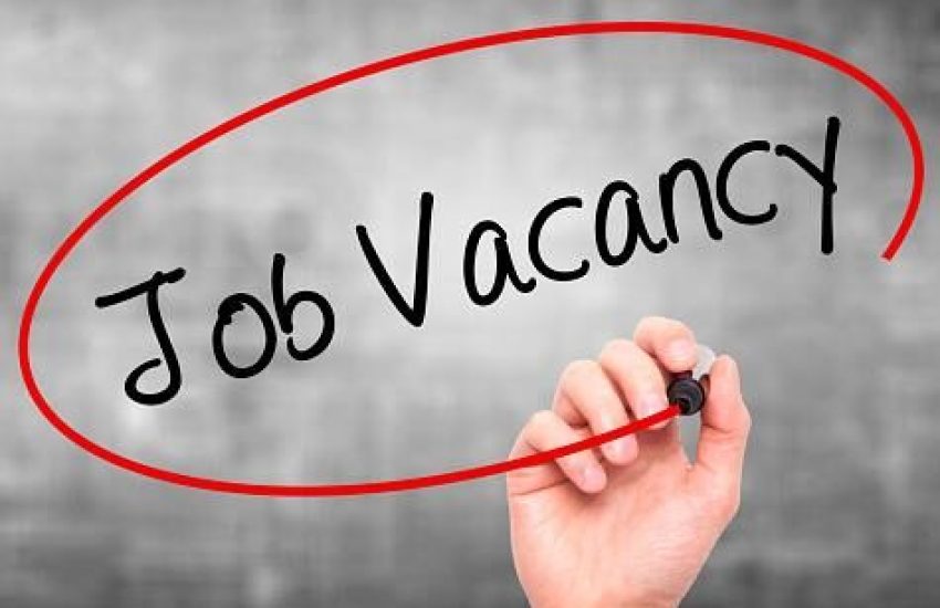 Man Hand writing Job Vacancy with black marker on visual screen. Isolated on background. Business, technology, internet concept. Stock Photo